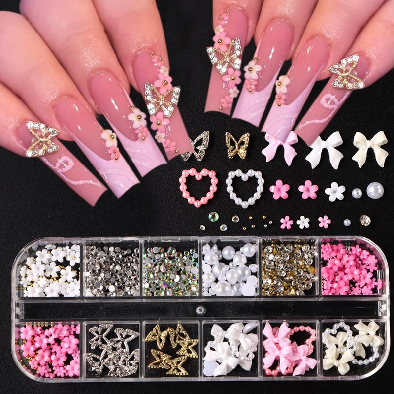 BSBTBZ 3D Nail Charms and Gems Set - 12 Grid Butterfly Charm Glitter Rhinestones Small Flower Steel Beads Pearl Bow DIY Mixed Nail Art Accessories Cute Butterflies Supplies DIY for Floral Manicure Craft - Image 3